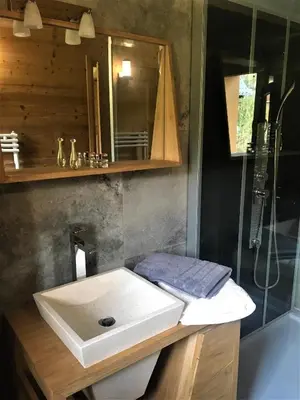 a bathroom with a sink and a shower at Chalet Luxe Les Mélèzes in Samoëns