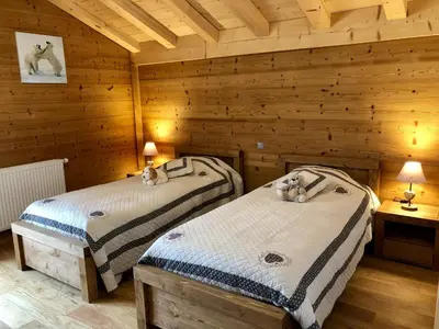 two beds in a room with wooden walls at Chalet Luxe Les Mélèzes in Samoëns