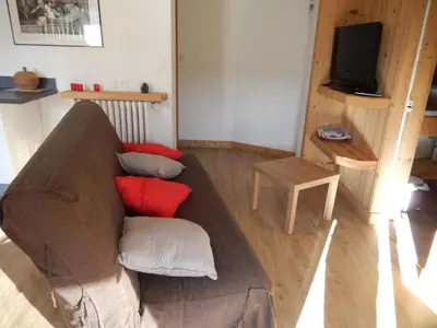 a living room with a brown couch with red pillows at Les Clarines in Saint-Gervais-les-Bains