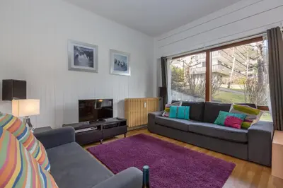 a living room with a couch and a tv at Summit Apartment - Chamonix in Chamonix-Mont-Blanc