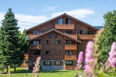 a log home in the snow with a christmas tree at Résidence Pierre & Vacances Premium Les Fermes Du Soleil in Les Carroz d'Araches