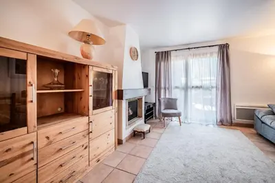 a living room with a couch and a tv at Eden Hotel, Apartments and Chalet Chamonix Les Praz in Chamonix-Mont-Blanc