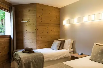 two beds in a room with wooden walls at Villa Floria Apartment in Chamonix-Mont-Blanc