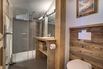 a bathroom with a glass shower and a toilet at Chalet Planards 2 in Chamonix-Mont-Blanc