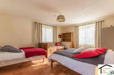 a bedroom with two beds with red pillows at Le Moulin des Olirics in Sallanches