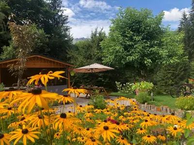 a garden with yellow flowers and an umbrella at Le Moulin des Olirics in Sallanches