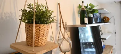 a plant in a basket on a wooden shelf at Cozy Chamonix Ski Studio with Mountain Views in Chamonix-Mont-Blanc