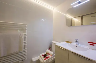 a bathroom with a sink and a toilet and a mirror at Résidence Grand Roc - Campanules 308 - Happy Rentals in Chamonix-Mont-Blanc