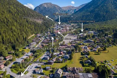 an aerial view of a village in the mountains at Résidence Grands Montets 110 - Happy Rentals in Chamonix-Mont-Blanc