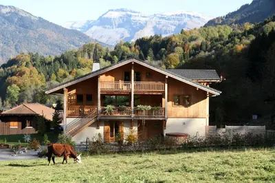 a cow grazing in a field in front of a house at La Terrasse - 3 bedrooms with private Hot Tub in Samoëns