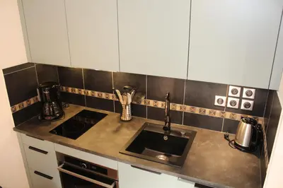 a kitchen counter with a sink and a stove at Reine des Prés in Samoëns