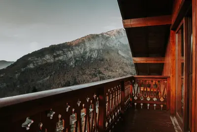 a balcony with a view of a mountain at Chalet Vaclav in Sixt