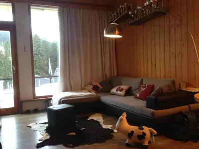 a living room with a couch and a dog on the floor at Flaine Forum i1 Cassiopée Duplex Mezzanines & Terrasse in Flaine