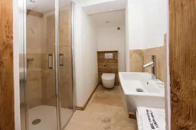 a bathroom with a shower and a sink and a toilet at Chalet des Souchettes - Chamonix All Year in Chamonix-Mont-Blanc