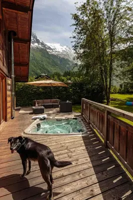 a dog standing on a deck next to a hot tub at Chalet des Souchettes - Chamonix All Year in Chamonix-Mont-Blanc