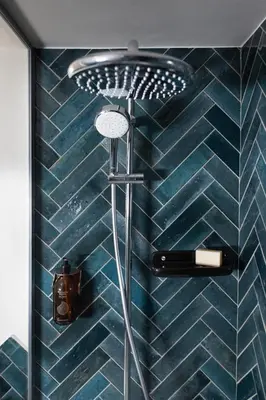 a shower in a bathroom with blue tiles at Hôtel Restaurant la Couronne in Chamonix-Mont-Blanc