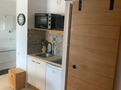 a small kitchen with a sink and a microwave at Appartement cosy 2 pièces pour 4 à Morillon 1100, proche pistes - FR-1-815-65 in Morillon