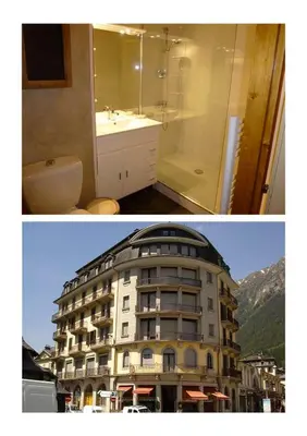 two pictures of a bathroom and a building at Le Carlton in Chamonix-Mont-Blanc