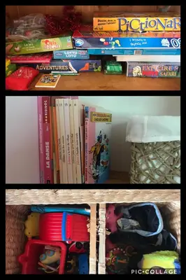 two pictures of a book shelf with toys and books at Chalet Cyclamens, 65m2 plein centre - Jardin, WIFI & parking! in Les Carroz d'Araches