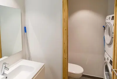 a bathroom with a toilet and a sink and a washing machine at Megève appart – 2 bedroms – AW301 in Megève