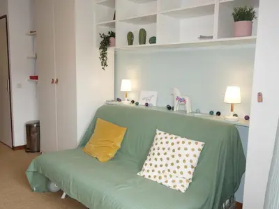 a green couch with two pillows on it in a room at Studio Le Sapin by Interhome in Demi-Quartier
