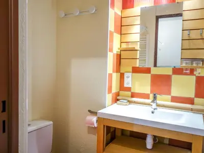 a bathroom with a sink and a shower at Studio Le Sapin by Interhome in Demi-Quartier