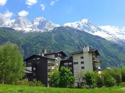 a building in the snow with a mountain in the background at Apartment Clos du Savoy-23 by Interhome in Chamonix-Mont-Blanc