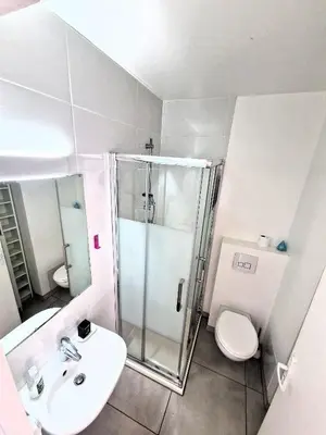 a bathroom with a shower and a toilet and a sink at Studio lumineux avec vue sur le massif du Mont-Blanc in Chamonix-Mont-Blanc