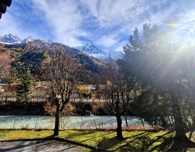 two trees in a field with mountains in the background at Studio lumineux avec vue sur le massif du Mont-Blanc in Chamonix-Mont-Blanc