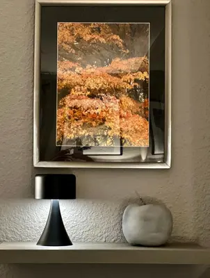 a painting on a wall above a shelf with a vase at Rocky Studio Chamonix Sud in Chamonix-Mont-Blanc