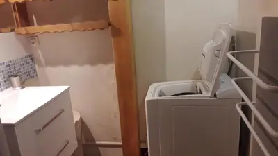 a bathroom with a washing machine and a sink at joli T3 proche centre et télécabines in Saint-Gervais-les-Bains