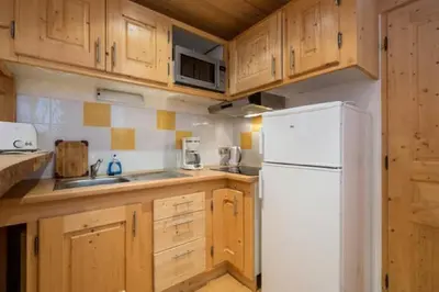 a kitchen with wooden cabinets and a white refrigerator at Résidence Mont Joly2 in Saint-Gervais-les-Bains