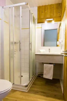 a bathroom with a shower and a sink at Village Vacances le Bérouze in Samoëns