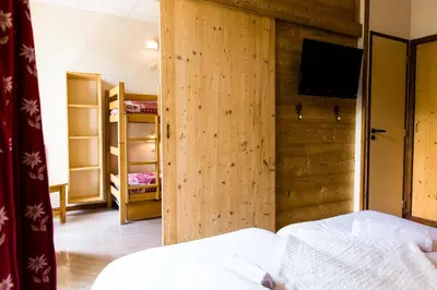 a bedroom with a wooden wall with a bed and a tv at Village Vacances le Bérouze in Samoëns