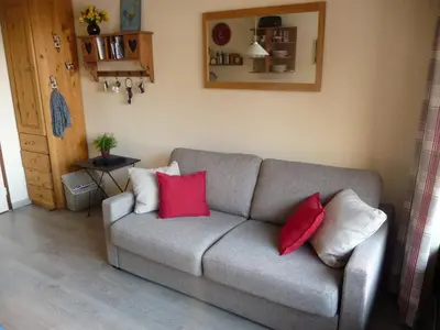 a living room with a gray couch with red pillows at Residence La Verte 24- Aux Pieds des pistes! in Chamonix-Mont-Blanc