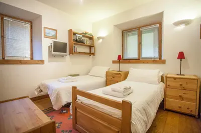 a bedroom with two beds and a tv at Petite Savoyarde - Chamonix in Chamonix-Mont-Blanc