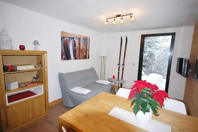 a living room with a couch and a table at Appartement 25m2 à Saint-Gervais les bains in Saint-Gervais-les-Bains