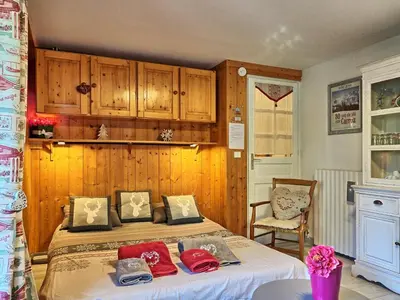 a bedroom with a bed with wooden walls and wooden cabinets at Appartement cosy aux Carroz, 40 m², vue sur la montagne in Les Carroz d'Araches