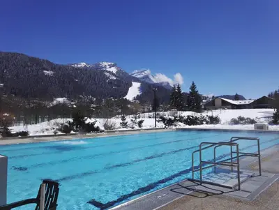 a swimming pool with a chair in front of a mountain at Appartement cosy aux Carroz, 40 m², vue sur la montagne in Les Carroz d'Araches