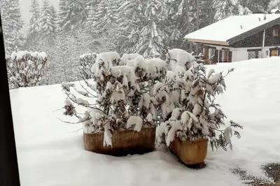 a view of a house with mountains in the background at Charmant studio avec vue sur le Mont Blanc - 22 m² - Cordon in Cordon