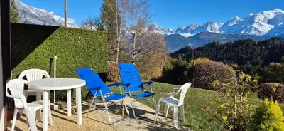 a tree covered in snow in front of a house at Charmant studio avec vue sur le Mont Blanc - 22 m² - Cordon in Cordon