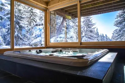 a bath tub in a room with snow covered trees at Chalet Krystal in Arâches-la-Frasse