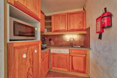 a small kitchen with wooden cabinets and a microwave at Carabiner: Residence Espace Montagne in Chamonix-Mont-Blanc