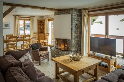 a living room with a couch and a fireplace at Chalet Grand Cru in Chamonix-Mont-Blanc