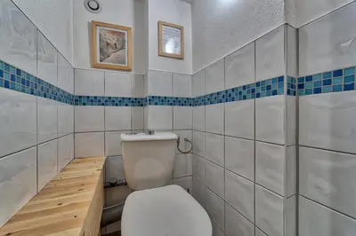 a bathroom with a toilet and blue and white tiles at Chalet Heidi in Chamonix-Mont-Blanc
