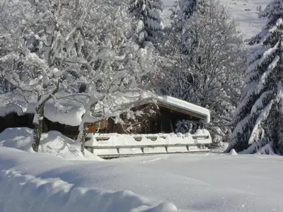 a house covered in snow in front of trees at Chalet 4 chambres à Megève Mont d'Arbois - 10 pers, terrasse, parking - FR-1-453-10 in Megève