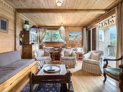 a living room with a couch and chairs and a table at Appartement confortable 3 chambres proche centre Megève, balcon, cheminée, 8 pers. - FR-1-453-14 in Megève