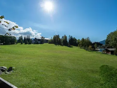 a large field of green grass with the sun in the sky at Appartement duplex 2 ch., terrasse, proche pistes à Megève - FR-1-453-26 in Megève