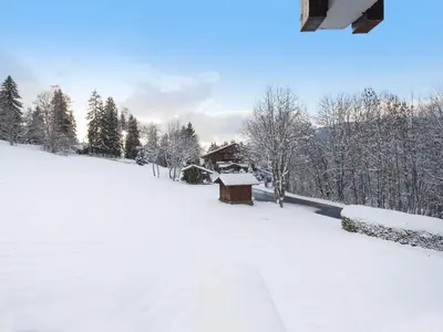 a snow covered yard with a house and trees at Appartement spacieux 1 chambre à Megève, balcon, parking inclus - FR-1-453-62 in Megève