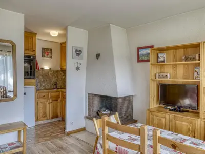 a living room with a television and a fireplace at Appartement cosy 1 chambre à Megève, animaux admis - FR-1-453-63 in Megève